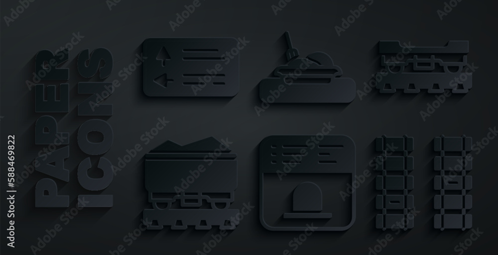 Canvas Prints set ticket office to buy tickets, cargo train wagon, coal, railway, railroad track, plate with food 