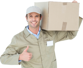 Delivery man showing thumbs up while carrying cardboard box