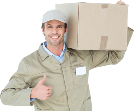 Delivery man showing thumbs up while carrying cardboard box