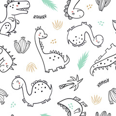 Seamless pattern with hand drawn dinosaurs