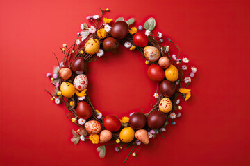 Red Easter Wreath with Eggs on Red Background - Generative Graphics for Easter Deco

