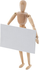 Wooden 3d figurine standing and holding white placard