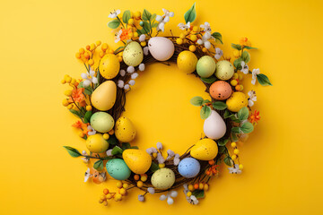 Ukrainian-Style Yellow Easter Wreath Stock Photos: Generative Graphics and Easter Decor on Vibrant Yellow Background, Perfect for Festive Projects