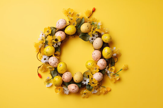 Ukrainian-Style Yellow Easter Wreath Stock Photos: Generative Graphics and Easter Decor on Vibrant Yellow Background, Perfect for Festive Projects