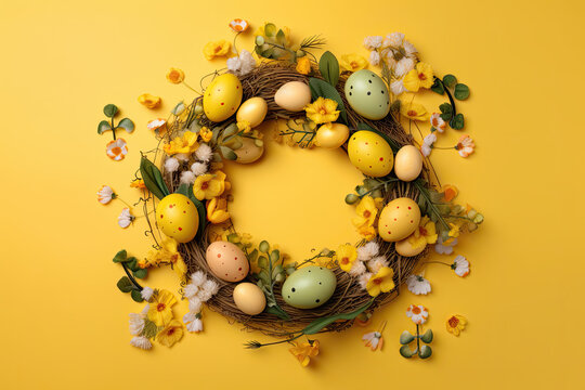 Ukrainian-Style Yellow Easter Wreath Stock Photos: Generative Graphics and Easter Decor on Vibrant Yellow Background, Perfect for Festive Projects
