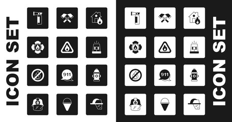 Set Fire in burning house, flame triangle, Firefighter, extinguisher, Flasher siren, axe, hydrant and No fire icon. Vector