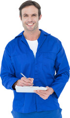 Confident of mechanic writing notes on clipboard