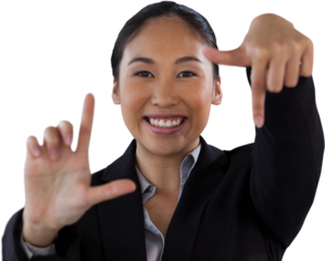 Close up portrait of smiling businesswoman doing finger frame gesture