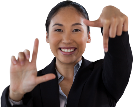 Close up portrait of smiling businesswoman doing finger frame gesture