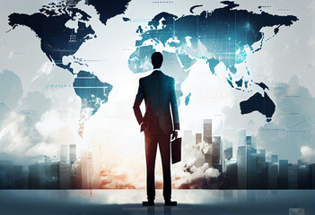 Business man standing in front of map of earth, concept of international trade and financial business.