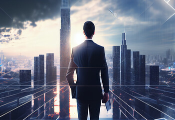Fototapeta na wymiar Business man standing on top of building with skyline skyscraper background, concept of leadership, vision and corporate management.