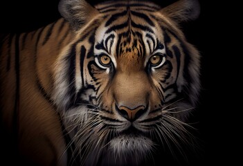 Fototapeta na wymiar Tiger's close up visage in isolation against a dark background. Generative AI