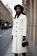 Street fashion portrait of stylish young elegant luxury African woman in black hat and white coat or jacket with handbag in retro style