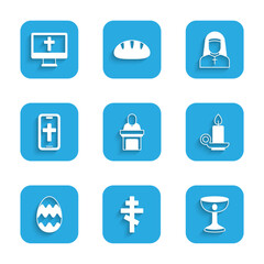 Set Church pastor preaching, Christian cross, chalice, Burning candle candlestick, Easter egg, on phone, Nun and monitor icon. Vector