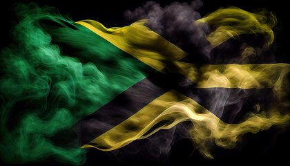 Country Flag of Jamaica Creatively By Surrounded White Smoke Wind on Dark Backdrop AI Generative - obrazy, fototapety, plakaty