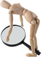 3d image of wooden figurine picking up magnifying glass