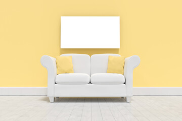 Empty couch against against yellow 