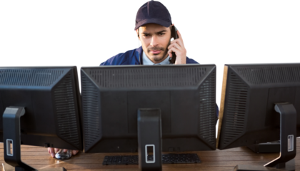Security officer talking on phone while using computer at desk