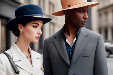 Street fashion portrait of stylish young elegant luxury couple - woman in blue hat and white jacket and African man in orange hat and gray jacket in retro style - obrazy, fototapety, plakaty