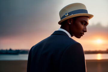 Street fashion portrait of a stylish young elegant luxury African man in a straw beige hat and coat or jacket in retro style by the lake at sunset - obrazy, fototapety, plakaty