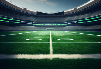 Fototapeta na wymiar American football field from midline inside large stadium with green grass.