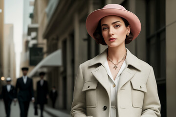 Street fashion portrait of stylish young elegant luxury woman in pink hat and gray coat or jacket in retro style - obrazy, fototapety, plakaty