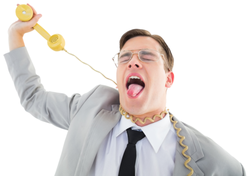 Geeky businessman being strangled by phone cord - Powered by Adobe