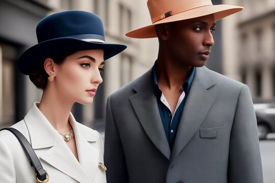 Street fashion portrait of stylish young elegant luxury couple - woman in blue hat and white jacket and African man in orange hat and gray jacket in retro style