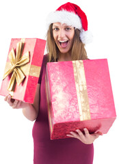 Surprised pretty brunette in santa hat opening gift