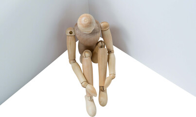 3d image of wooden figurine sitting by board 