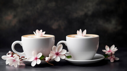 two cups of coffee latte with cherry blossoms, very romantic. Generative AI.