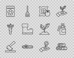 Set line Wooden axe, logs, Apple in the sack, Chainsaw, Pack full of seeds of plant, Waterproof rubber boot, Hand holding flower and Garden sprayer for fertilizer icon. Vector