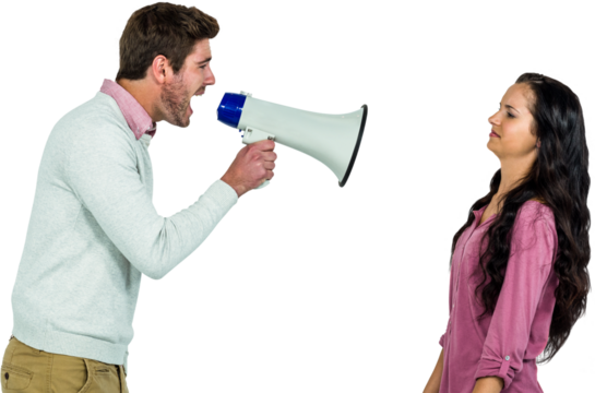 Man shouting on woman through megaphone