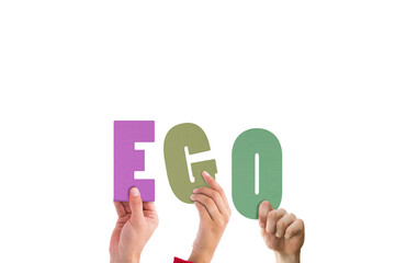 Cropped hands holding colorful word ego