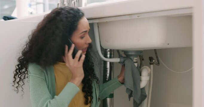Sink leak, plumbing and woman on a phone call for maintenance, plumber service and home construction. Communication, manual labour and stressed girl calling handyman for faucet, pipe or kitchen issue