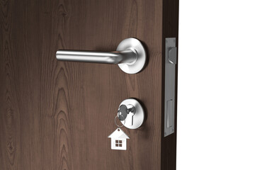 Digitally generated image of brown door with key