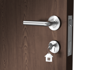 Digitally generated image of brown door with key
