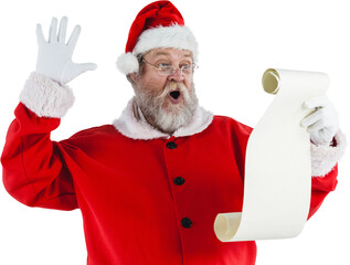 Surprised Santa Claus making face while reading scroll