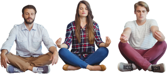 Business people meditating while sitting against white background
