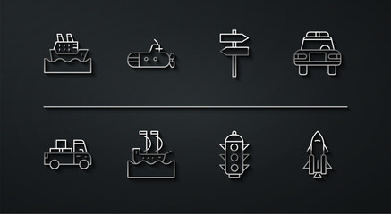 Set line Cruise ship, Delivery truck, Police car and flasher, Traffic light, Sailboat, Submarine, Rocket with fire and Road traffic signpost icon. Vector