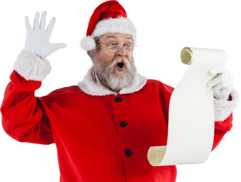 Surprised Santa Claus making face while reading scroll - Powered by Adobe
