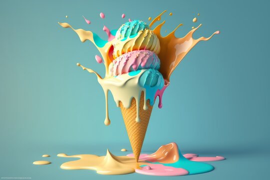 Melting ice cream cone, generative Ai