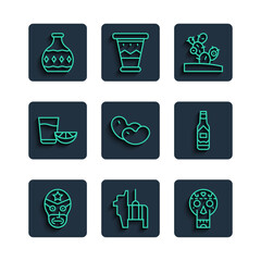 Set line Mexican wrestler, Pinata, skull, Cactus, Beans, Tequila glass with lemon, bottle and Tabasco sauce icon. Vector