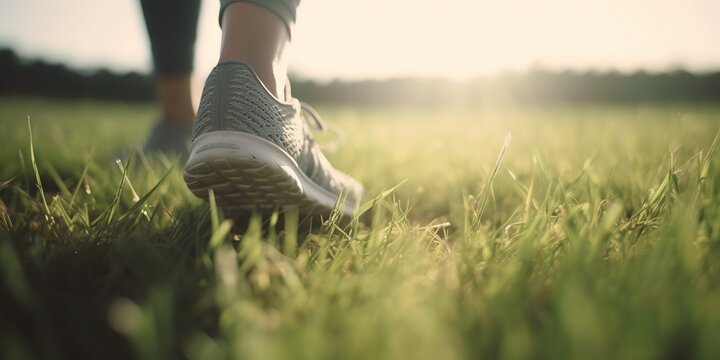 Closeup woman running in the grass. walk and outdoor exercise activities concept, generative ai