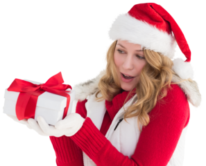 Surprised blonde in santa hat holding gift