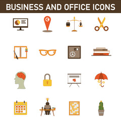 Collection of multi-colored flat icons on the topic: business and office. Isolated on white background.