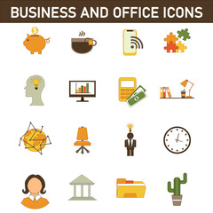 Collection of multi-colored flat icons on the topic: business and office. Isolated on white background.
