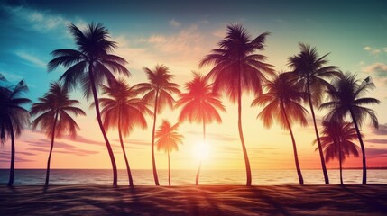 Naklejka na ściany i meble Sunset Palm Trees on Tropical Beach