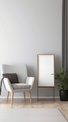 Blank picture frame mockup on gray wall. Modern living room design. View of scandinavian rustic style interior with chair. Home staging and minimalism concept, ai