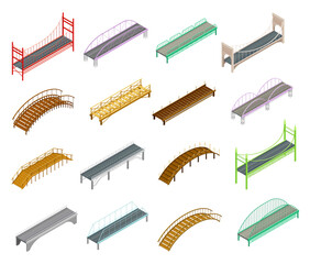 Fixed Bridges Made of Wood or Metal with Beam and Arch Bridge Isometric Big Vector Set